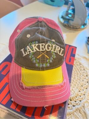 Lakegirl Distressed Baseball Cap - Pink, Gray & Yellow